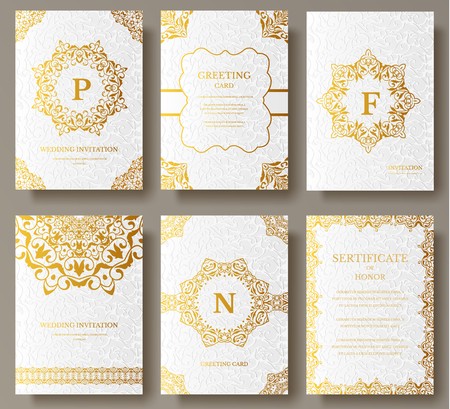 Set of Luxury ramadan Gold artistic pages with logo brochure template. Vintage art identity, floral, magazine. Traditional, Islam, arabic, indian. Decorative retro greeting card or invitationのイラスト素材