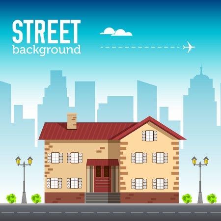 Home building in city space with road on flat style background concept. Vector illustration design.のイラスト素材
