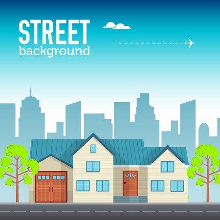 Family Home building in city space with road on flat style background concept. Vector illustration design.のイラスト素材