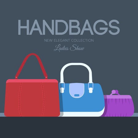 fashion handbags and bags in flat illustration concept icons set. Template for website and mobile applianceのイラスト素材