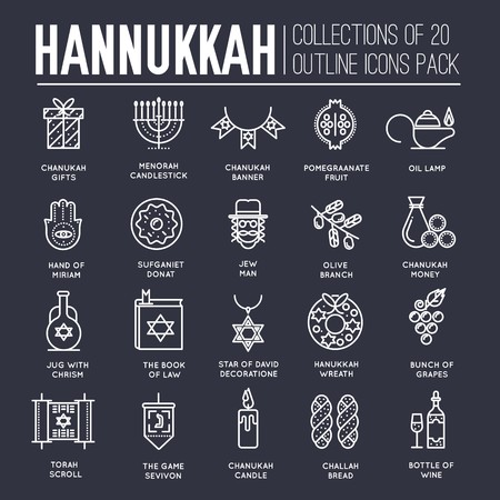 Happy hanukkah day thin line illustration background. Outline icons elements for holiday. Vector object jewish traditional on religion celebration. Israel greeting design.のイラスト素材