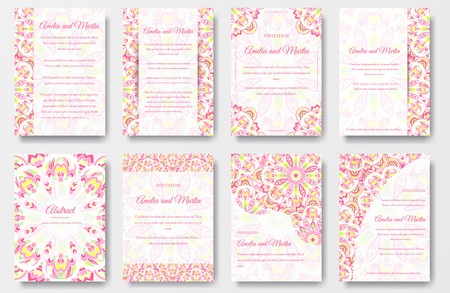 Universal flyer with unique decoration. Invitation card for birthday, party or wedding. Traditional illustration design with typography for printing. Vertical festive postcard with invitation .のイラスト素材