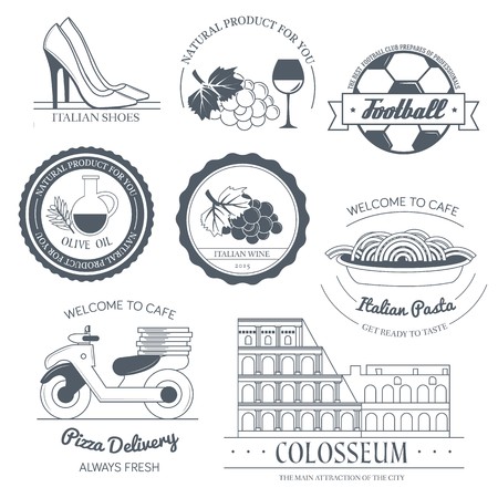 Italy country set label. Template of emblem element for your product or design, web and mobile applications with text. Vector illustration with thin lines isolated icons on stamp.のイラスト素材