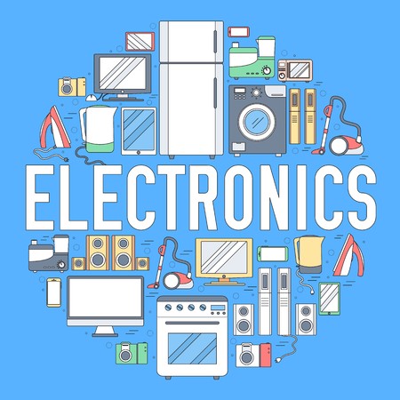 Home electronics appliances circle infographics template concept. Icons design for your product or design, web and mobile applications. Vector flat  illustration on blue background.のイラスト素材