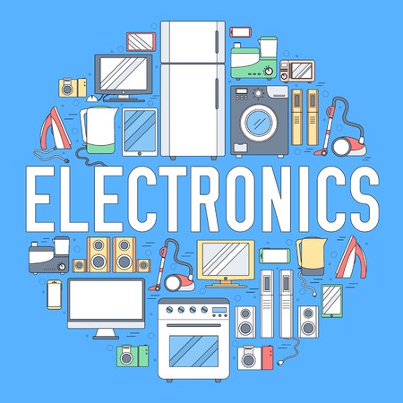 Ilustración de Home electronics appliances circle infographics template concept. Icons design for your product or design, web and mobile applications. Vector flat  illustration on blue background. - Imagen libre de derechos