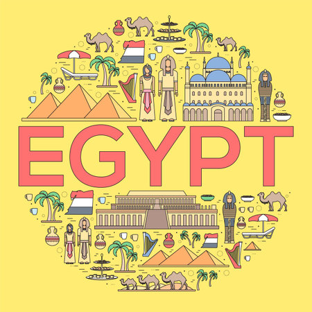 Country Egypt travel vacation guide of goods, places and features. Set of architecture, people, culture, icons background concept. Infographics template design for web and mobileのイラスト素材