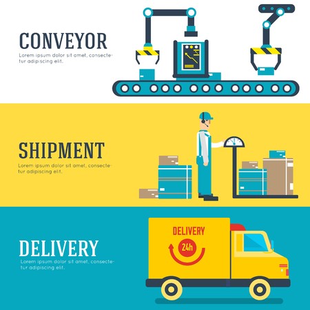 Warehouse staff moves cargo, boxes, packages and parcels. Business delivery service vector illustration design banners concept. Flat quality logistics icons background.のイラスト素材