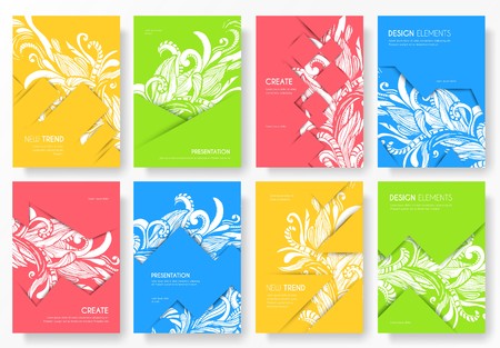 Abstract vector brochure cards set. Outline art template of flyer, magazines, posters, book cover, banners. Colorful thin line invitation concept background. Layout ornament illustrations modern design.のイラスト素材
