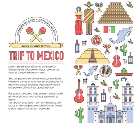 Country Mexico travel vacation guide of goods, places and features. Set of architecture, food, fashion, items, nature background concept. Infographics template design. On thin lines style .のイラスト素材
