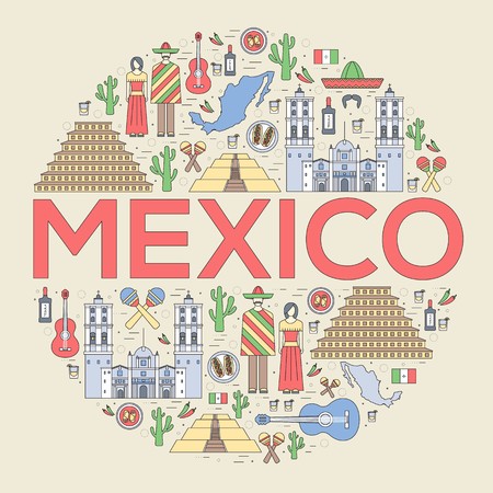Country Mexico travel vacation guide of goods, places and features. Set of architecture, food, fashion, items, nature background concept. Infographics template design. On thin lines style.のイラスト素材
