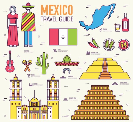 Country Mexico travel vacation guide of goods, place and feature. Set of architecture, fashion, people, item, nature background concept. Infographic traditional ethnic flat, outline, thin line icon.のイラスト素材