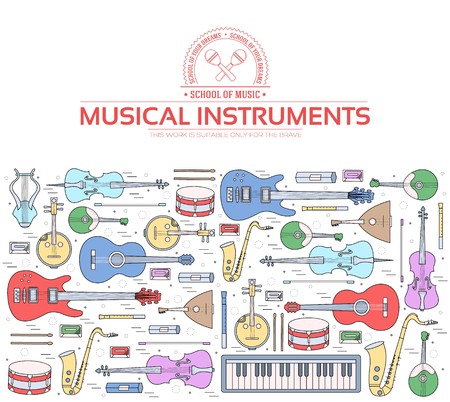Music instruments on modern wall concept. Icons design for your product or design, web and mobile applications. Vector flat with long shadow illustration background.のイラスト素材