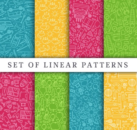 Set of linear travel style concept. Journey element on poster, book, layout abstract, magazines, brochure. Vector thin line vacation tour greeting card or invitation design background seamless pattern.のイラスト素材