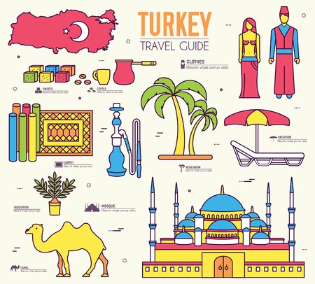 Country Turkey travel vacation guide of goods, place and feature. Set of architecture, fashion, people, item, nature background concept. Infographic traditional ethnic flat, outline, thin line icon.のイラスト素材