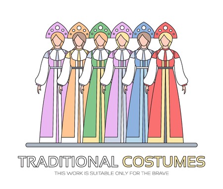 Russian national clothes illustration. Women s traditional dresses background concept. Vector elements design.のイラスト素材