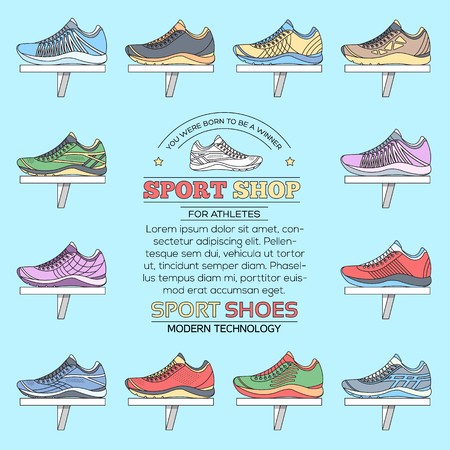 flat illustration collection set of sneakers running, walking, shopping, style backgrounds. Vector concept elements icons. Colorful template for you design, poster, web and mobile applications.のイラスト素材