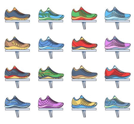 big flat illustration collection set of sneakers running, walking, shopping, style backgrounds. Vector concept elements icons. Colorful template for you design, poster, web and mobile applications.のイラスト素材
