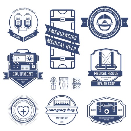 medical set label template of emblem element for your product or design, web and mobile applications with text. Vector illustration with thin lines isolated icons on stamp symbolのイラスト素材
