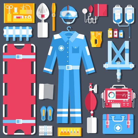 medical rescue uniform and set first aid help equipment and instruments. On flat style background concept. Vector illustration for colorful template for you design, web and mobile applications.のイラスト素材