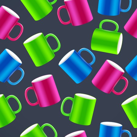 colorful cups for coffee or tea on black background seamless pattern. Vector illustration design.のイラスト素材