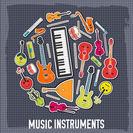 Music instruments circle infographics template concept. Icons design for your product or design, web and mobile applications. Vector flat illustration background.のイラスト素材