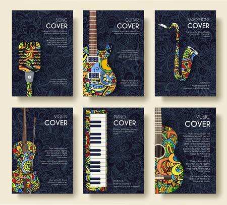 Music magazine layout flyer invitation design. Set of musical ornament illustration concept. Art instrument, poster, book, abstract, ottoman motifs, element. Decorative ethnic greeting.のイラスト素材