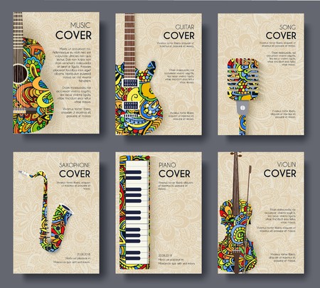 Music magazine layout flyer invitation design. Set of musical ornament illustration concept. Art instrument, poster, book, abstract, ottoman motifs, element. Decorative ethnic greeting.のイラスト素材