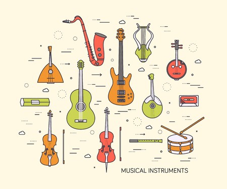 flat music instruments background concept. Vector illustrator design in retro style bright colors.のイラスト素材