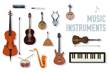 flat music instruments background concept. Vector illustrator design in retro style bright colors.のイラスト素材