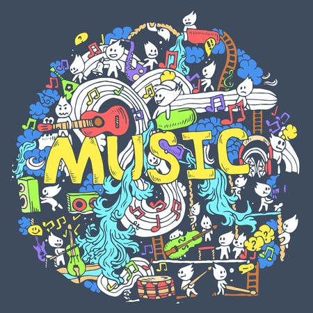Abstract musical art with funny creatures hand draw background design. Vector illustration concept .のイラスト素材