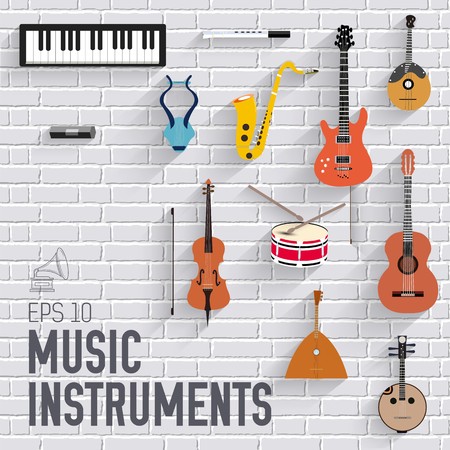 Music instruments on modern brick wall concept. Icons design for your product or design, web and mobile applications. Vector flat with long shadow illustration background.のイラスト素材