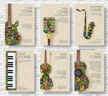 Music magazine layout flyer invitation design. Set of musical ornament illustration concept. Art instrument, poster, book, abstract, ottoman motifs, element. Decorative ethnic greeting.のイラスト素材