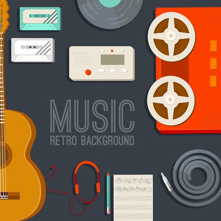 Retro. Equipment music set infographics template concept. Icons design for your product or design, web and mobile applications. Vector flat illustration on black background.のイラスト素材