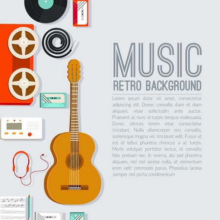 Retro. Equipment music set infographics template concept. Icons design for your product or design, web and mobile applications. Vector flat illustration on black background.のイラスト素材