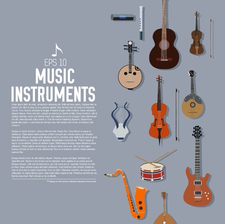 flat music instruments background concept. Vector illustrator design in retro style bright colors.のイラスト素材