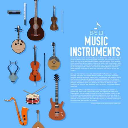 flat music instruments background concept. Vector illustrator design in retro style bright colors.のイラスト素材