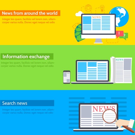 global news information equipment for journalist banner concept. Icons flat style on blue concept. Vector illustration colorful template for you design, web and mobile applications.のイラスト素材