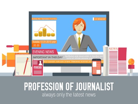 global news information equipment for journalist background. Icons flat style on blue concept. Vector illustration colorful template for you design, web and mobile applications.のイラスト素材