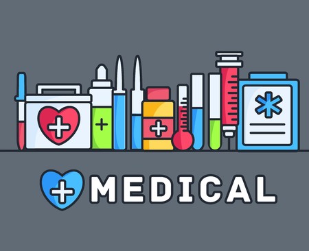 lines style medical equipment set icons concept background. vector illustration design.のイラスト素材