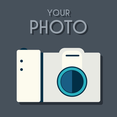Flat photo camera with a long shadow on the background with the slogan. Vector illustration concept design.のイラスト素材
