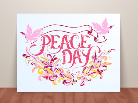 Greeting card for the holiday Peace day. Calligraphy with abstract decor ornament illustration. Template for invitation background .のイラスト素材