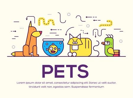 Animal flat thin line illustration icons set. Outline cute home pets on isolated background. Different collection domestic wildlife objects concept design .のイラスト素材