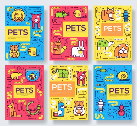 Animal vector brochure cards thin line set. Cute home pets template of flyear, magazines, posters, book cover, banners. Layout domestic wildlife  outline illustrations modern pages.のイラスト素材