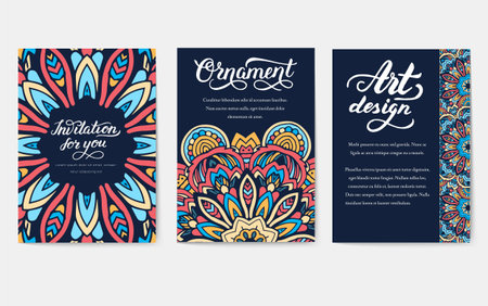 Set of old Ramadan Kareem flyer pages ornament illustration concept. Vintage art traditional, Islam, arabic, Indian, magazine, elements. Vector decorative retro greeting card or invitation layoutのイラスト素材