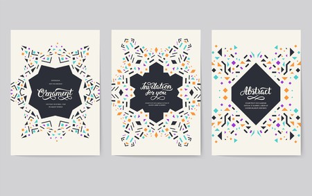 geometric abstract vector brochure cards set. ethnic style template of flyer, magazines, poster, book cover, banners. Active lifestyle invitation concept background. Layout illustration modern pageのイラスト素材