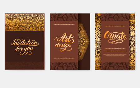 Set of flyer pages ornamental illustration stylized gold concept. Luxury art traditional, Islam, arabic, indian, ottoman motifs, elements. Vector decorative retro greeting card or invitation designのイラスト素材