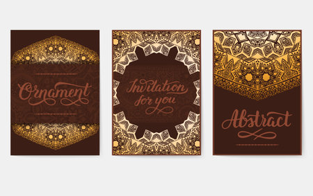 Set of flyer pages ornamental illustration stylized gold concept. Luxury art traditional, Islam, arabic, indian, ottoman motifs, elements. Vector decorative retro greeting card or invitation designのイラスト素材