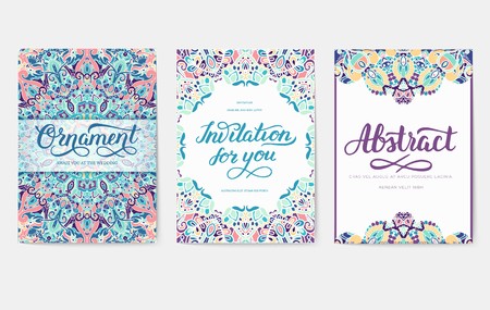 Universal flyer 3x4 with unique decoration. Invitation card for birthday, party or wedding. Traditional illustration design with typography for printing. Vertical festive postcard with invitationのイラスト素材