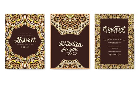 Universal flyer 3x4 with unique decoration. Invitation card for birthday, party or wedding. Traditional illustration design with typography for printing. Vertical festive postcard with invitationのイラスト素材
