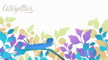 Silhouette caterpillar creeps along the blade of grass in the bushes background. Life of insects in the wild illustration. Beauty macro worldのイラスト素材